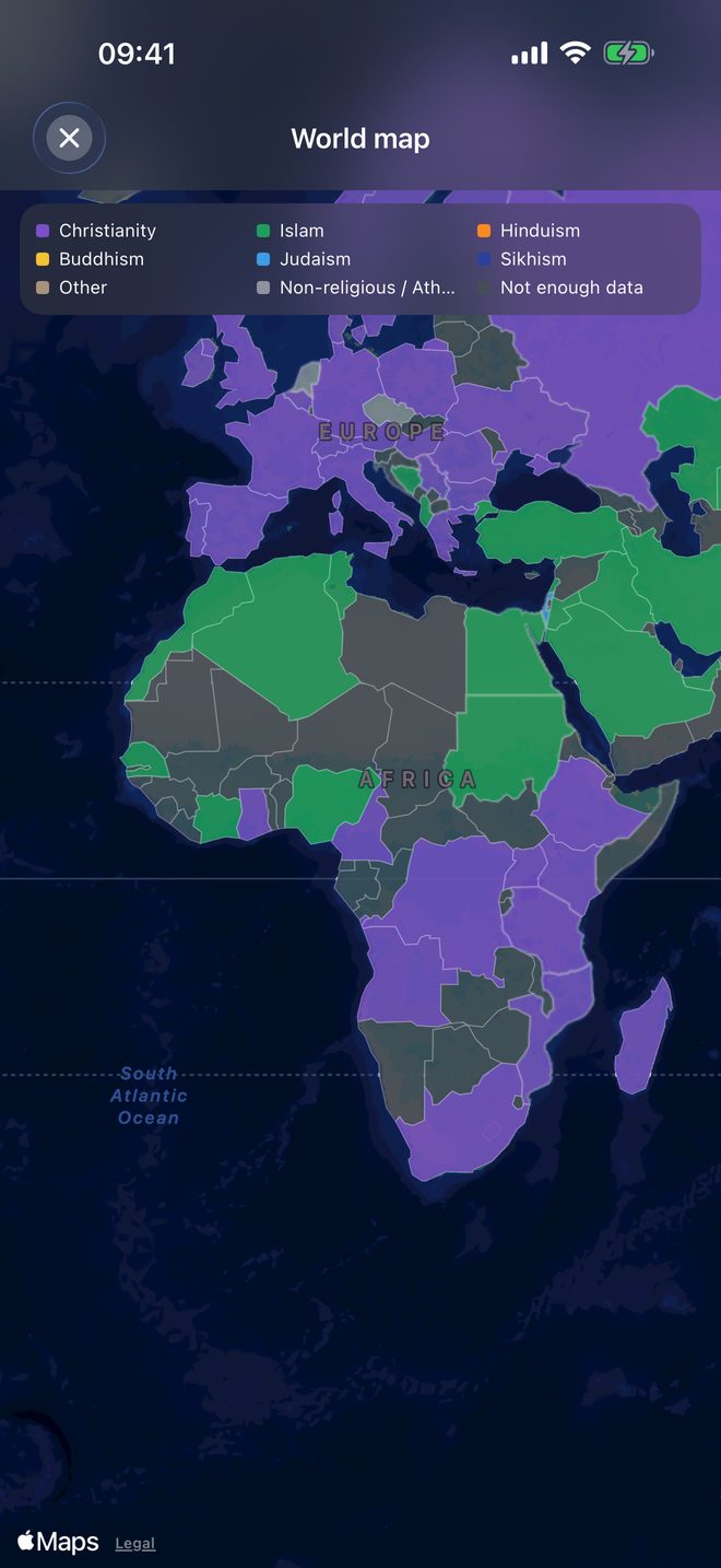 FaithCount world map, each country colored by its most common answer